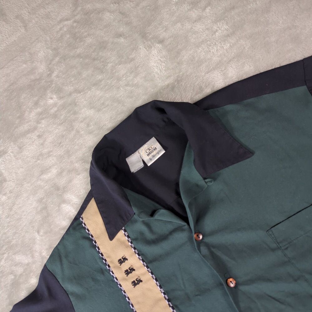 CKC Classics by Kennington Men's Bowling Shirt Green Navy Dragon Panel M/L